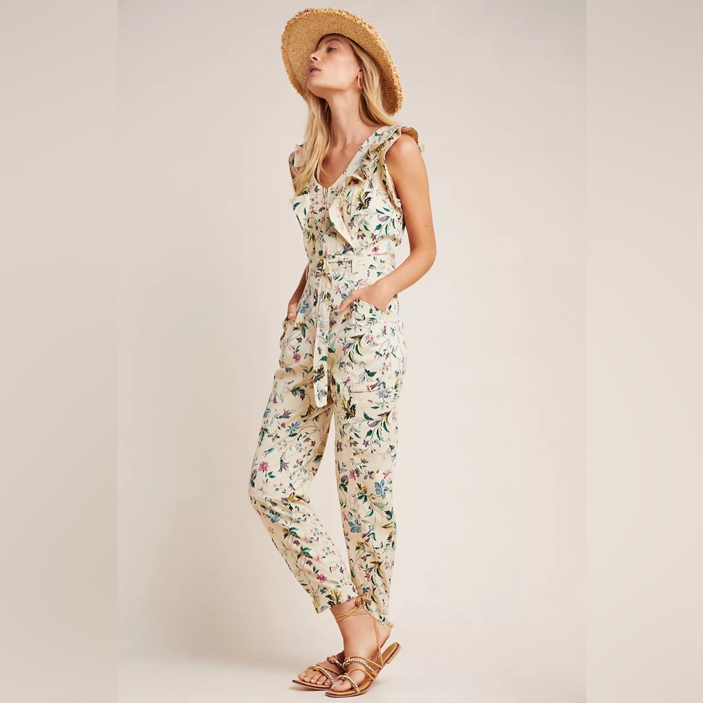Anthropologie Violet Ruffled Utility Jumpsuit Sz 14 Feminine Coastal Cowgirl